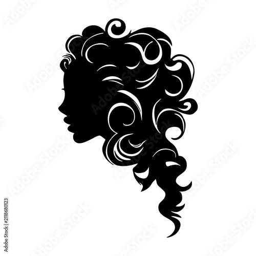 Woman profile silhouette with curly hair. Elegant female head icon for beauty salon design.