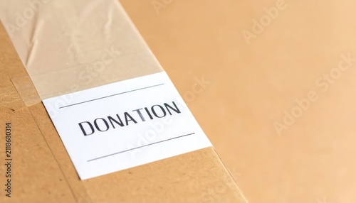 Cardboard Box Labeled 'DONATION' with Clear Packing Tape, Close-up Shot