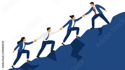Business team pulling each other up a steep rocky cliff, flat vector illustration of teamwork, leadership support, and corporate success climbing together on white background