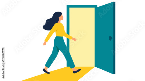Confident woman stepping through open door into bright golden light, symbolizing new beginnings, opportunity, empowerment, and positive transformation in flat vector illustration style