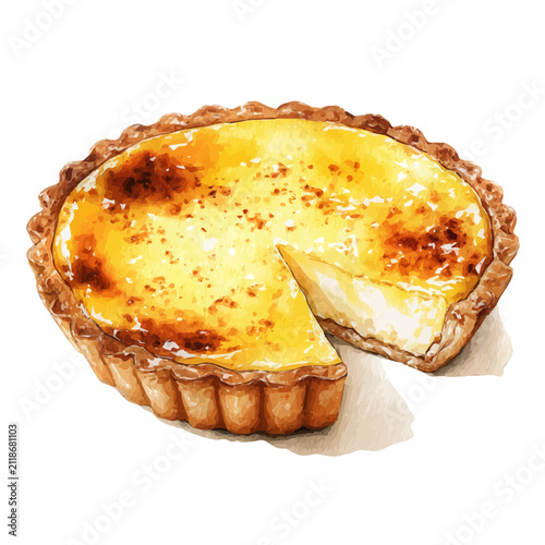 Watercolor drawing of Custard Tart, on clean white background