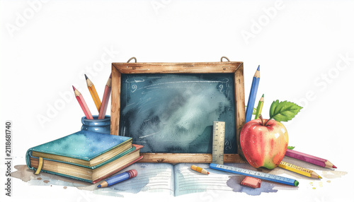 Hand Painted Watercolor Chalkboard with Books Apple and School Supplies Isolated on White Background