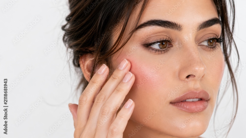 Obraz premium Beautiful young woman applying cream blush with fingertips on glowing healthy skin, close up beauty portrait with natural makeup, radiant complexion and skincare wellness 