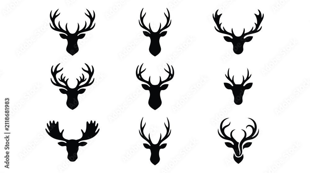Obraz premium Set of deer head silhouettes, vector collection of stag and moose icons