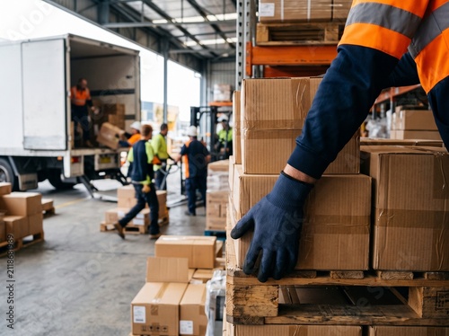 Warehouse worker holding a shipping package in a commercial industrial facility.