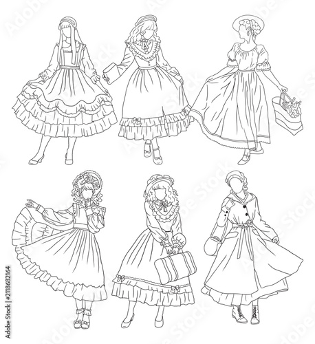 Set of elegant young women in vintage fashion dresses vector line art. Cute retro outfit doodles, perfect for adult coloring book pages and fashion design projects