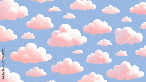 Pink cloud pattern with soft texture on blue sky background, dreamy and calm atmosphere