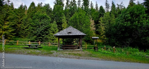 Фотография A gazebo on a forest path and a picnic spot.