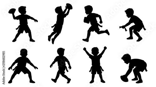 Set of silhouettes of children playing american football, action poses, running throwing and catching, athletic kids, sports activity, teamwork