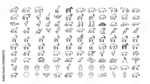 Photography Minimalist African safari animal icons set, black line art wildlife vector colle
