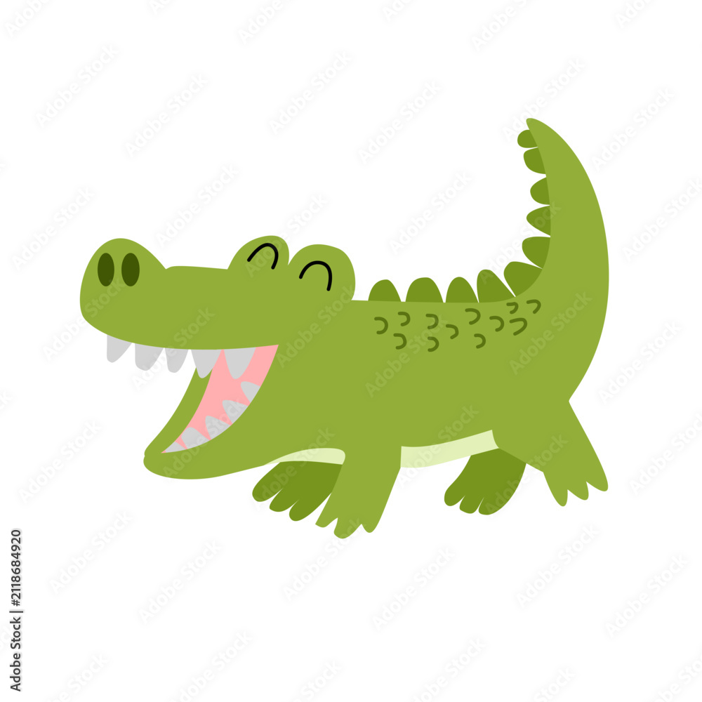 Obraz premium Crocodile character opening mouth vector illustration. Green alligator safari animal clipart isolated.