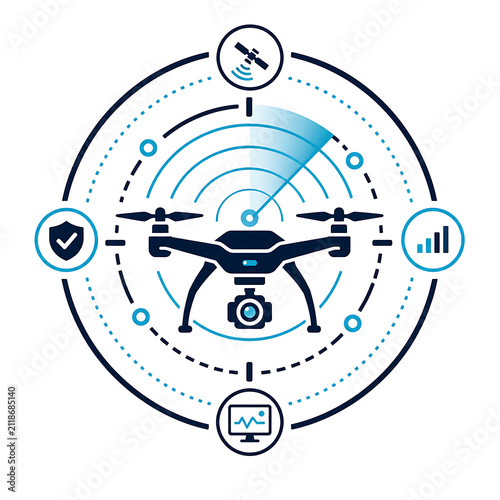 Modern drone technology icon with radar scanning and satellite connectivity symbols for aerial surveillance and data monitoring