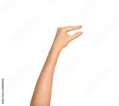 Woman s fingers pinched together in an animated speaking gesture. Raised hand mimicking a talkative
