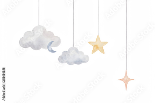 Watercolor painting of hanging clouds, a crescent moon, and stars on a white background, for nursery wall, and baby shower invitations