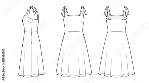 Women's Tie-Strap MIDI Dress Technical Drawing Flat Sketch Template Front Side and Back View