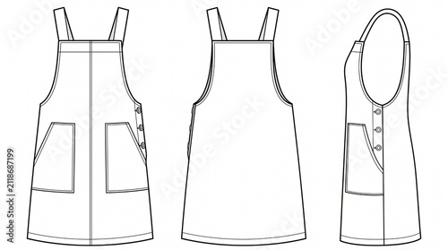 Women's Pinafore Apron Dress Fashion Technical Flat Sketch Vector Template with Pockets and Side Buttons