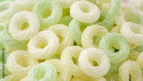 A close-up shot of a stack of ring-shaped, sugar-coated gummy candies in white and light green.