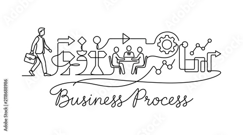 Illustration of a modern business workflow showcasing strategic planning, teamwork, process optimization, and technological