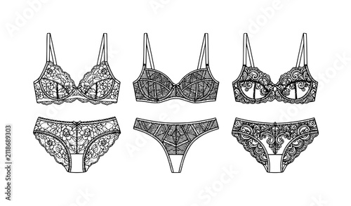 Foto Set of hand drawn lingerie sketches featuring elegant lace bras and matching pan