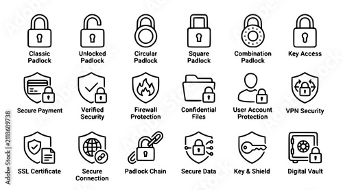 Padlock security icon collection with locked unlocked secure access privacy and editable black line vector illustration