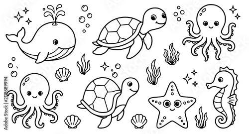 Photography Cute sea animals coloring page for kids featuring a whale turtle octopus starfis