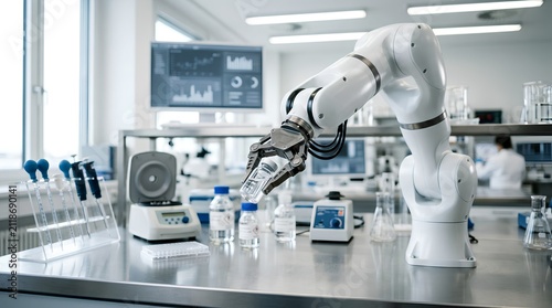 Sleek white articulated robotic arm with metallic gripper handling glass vials and lab bottles in a bright modern research laboratory setting