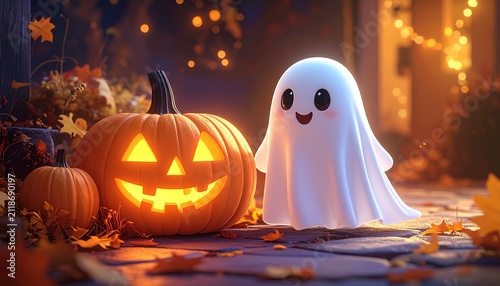 Halloween ghost with jack‑o’‑lanterns
