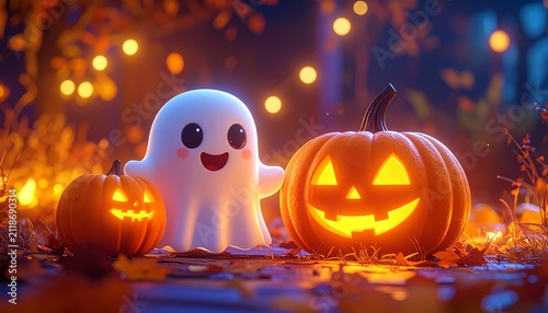 Halloween ghost with jack‑o’‑lanterns