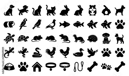 Foto Collection of black silhouette icons representing various domestic pets birds re