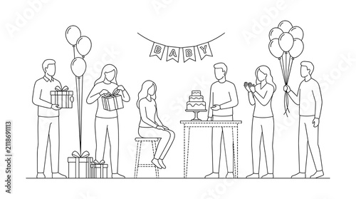 Group of people celebrating a birthday party with balloons, bunting banner, and gifts, simple line drawing, festive social gathering event