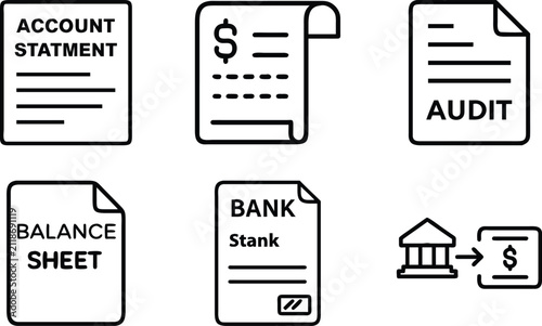 Set of six business and finance icons illustrating accounting statements audit reports balance sheets bank documents and financial transfer operations.