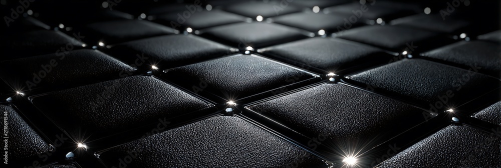 Obraz premium Luxury black leather quilted texture featuring elegant square tufted cushions with sparkling metallic diamond studs reflecting bright light for sophisticated interior design