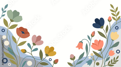Abstract floral composition with delicate hand drawn flowers and leaves arranged on a soft blue wavy background creating a sophisticated and artistic frame for invitations or elegant promotional mater