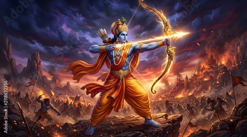 Epic illustration of mythological warrior with glowing bow in battle scene