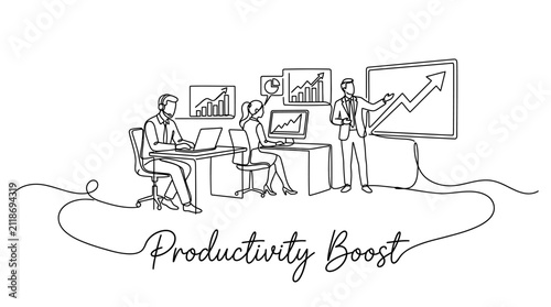 Dynamic business presentation illustrating teamwork and data analysis for improving productivity and performance metrics in a