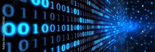 Obraz w ramie Abstract background featuring binary code stream with glowing blue digital numbers in perspective.