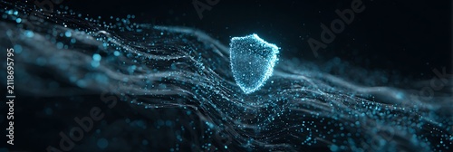 Glowing digital shield icon formed by glowing particles floating over dynamic wavy data grid lines representing cyber security network protection and data privacy