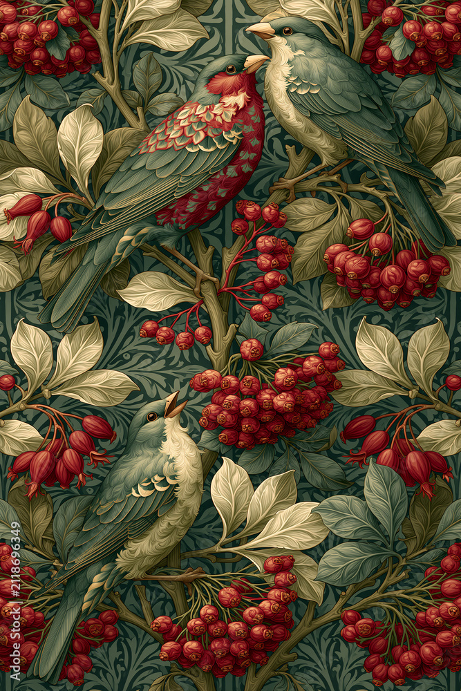 Obraz premium Seamless Vintage Botanical Pattern with Birds, Berries and Forest Foliage