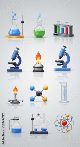3D Science and Chemistry Laboratory Equipment Icons Set