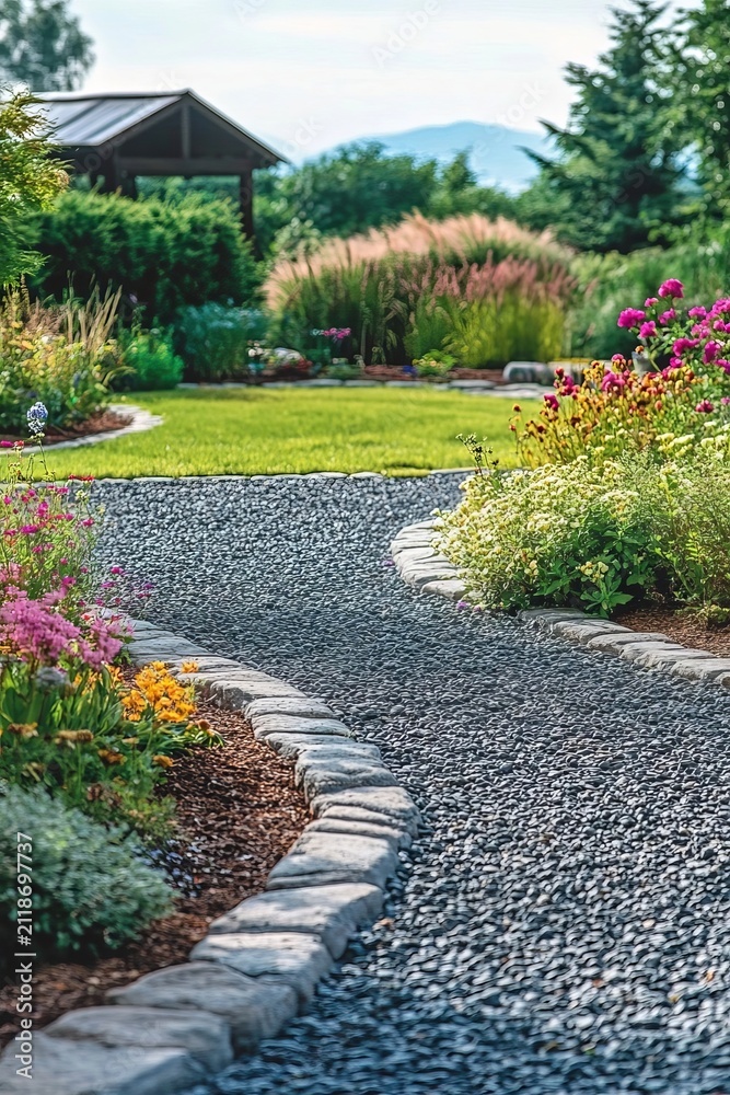 Obraz premium A Beautiful Landscaped Garden Featuring a Winding Gravel Pathway and Vibrant Flowers Under Morning