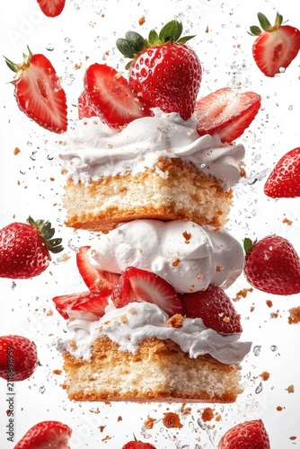 strawberry shortcake flying with cream and strawberry slices, isolated on white background