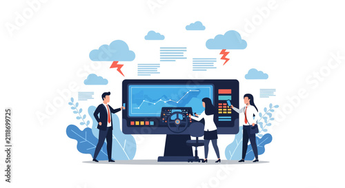Business team analyzing market data and managing risks, navigating economic challenges and storms with strategic planning and problem-solving.