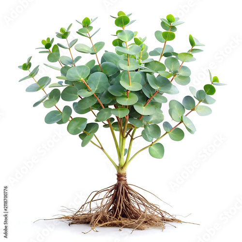 Small eucalyptus plant with visible roots isolated on a white background for botanical design projects