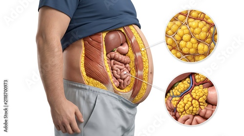 3d medical illustration of a male torso showing subcutaneous fat and visceral fat deposits inside the abdominal cavity, isolated on white background