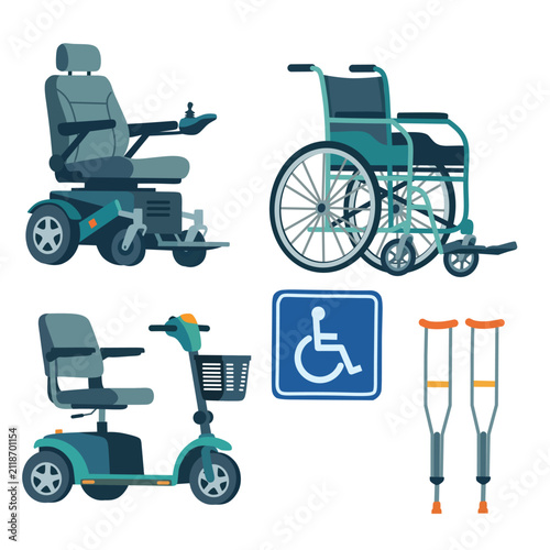 Flat disability mobility assistance icon set including electric wheelchair, manual wheelchair, mobility scooter, wheelchair accessibility sign, and crutches isolated on white background