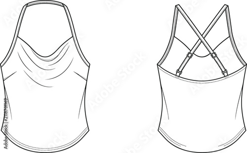 Foto Fashion technical flat sketch of women cowl neck camisole top with adjustable cr
