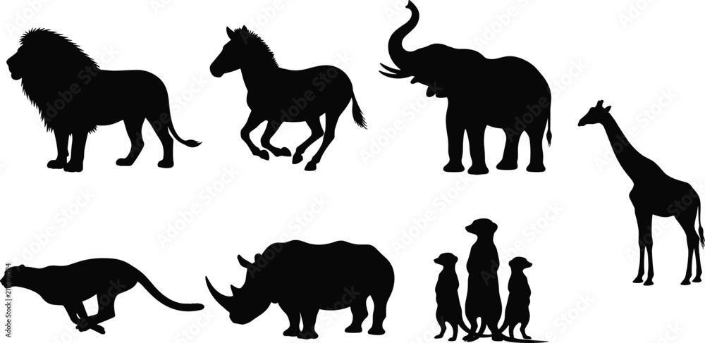 Obraz premium Black silhouettes of African safari animals on a white background lion zebra elephant giraffe cheetah