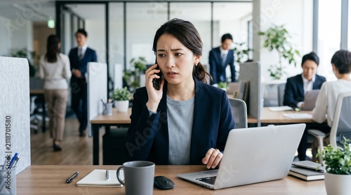 ノートパソコンが置かれた自席に座り、携帯電話で通話しながら焦った表情を浮かべている日本人女性社員のクローズアップ