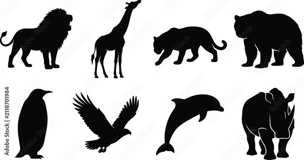 Fototapeta premium Black silhouette collection of eight wild animals on white background lion silhouette giraffe silhouette
