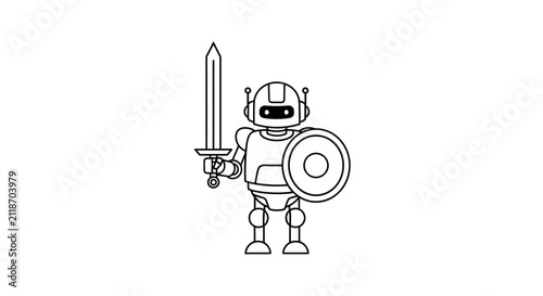 Cute cartoon robot warrior with sword and shield, futuristic technology, AI concept, vector illustration